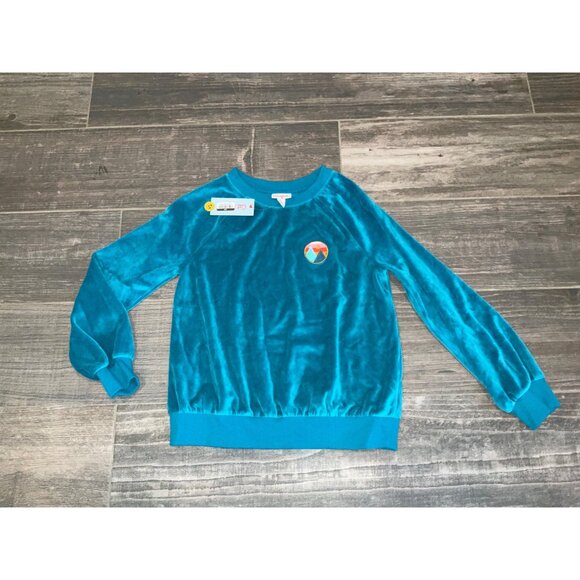 Cat & Jack Velvet Long Sleeve Turquoise Sweatshirt With Logo Patch size 10-12 La - Picture 2 of 3